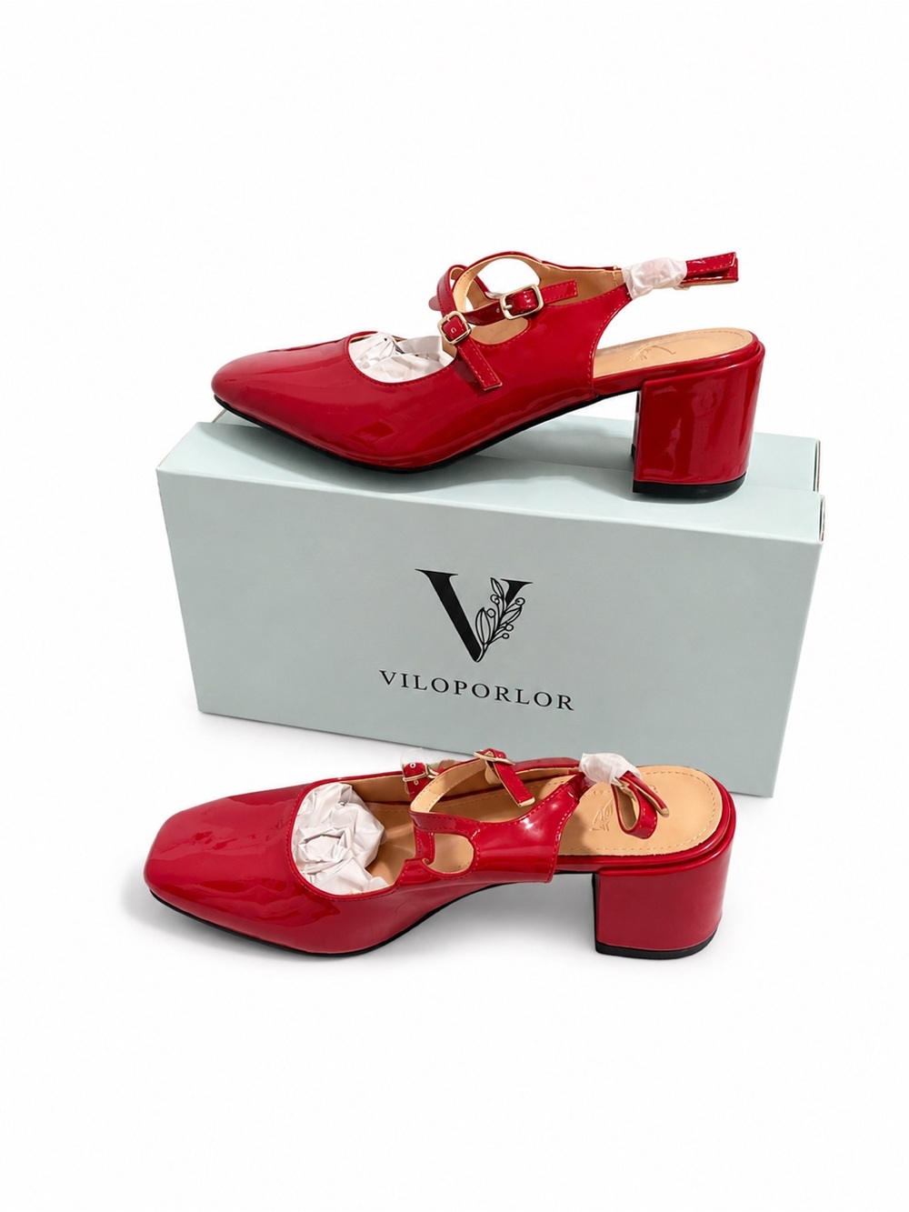 Red Patent Slingback Block Heels